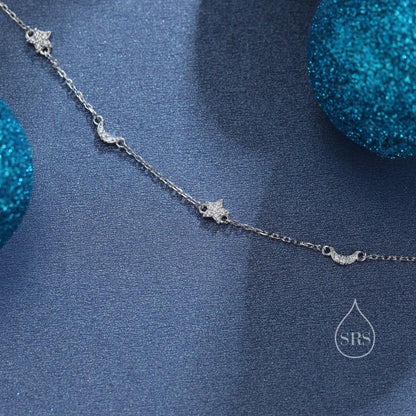 CZ Moon and Star Motif Bracelet in Sterling Silver, Silver, Gold or Rose Gold, Star Bracelet, Star Jewellery, CZ Star Bracelet