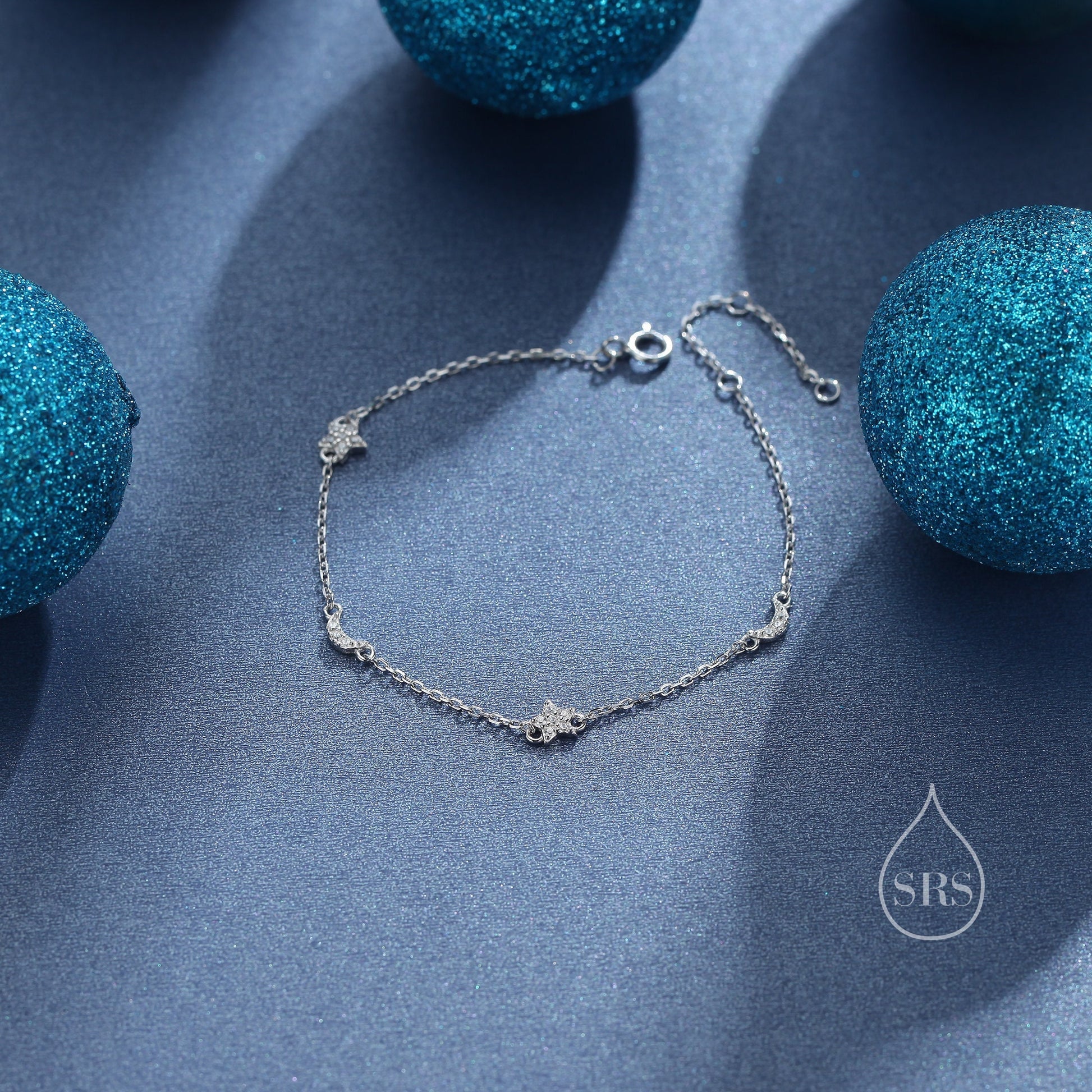 CZ Moon and Star Motif Bracelet in Sterling Silver, Silver, Gold or Rose Gold, Star Bracelet, Star Jewellery, CZ Star Bracelet