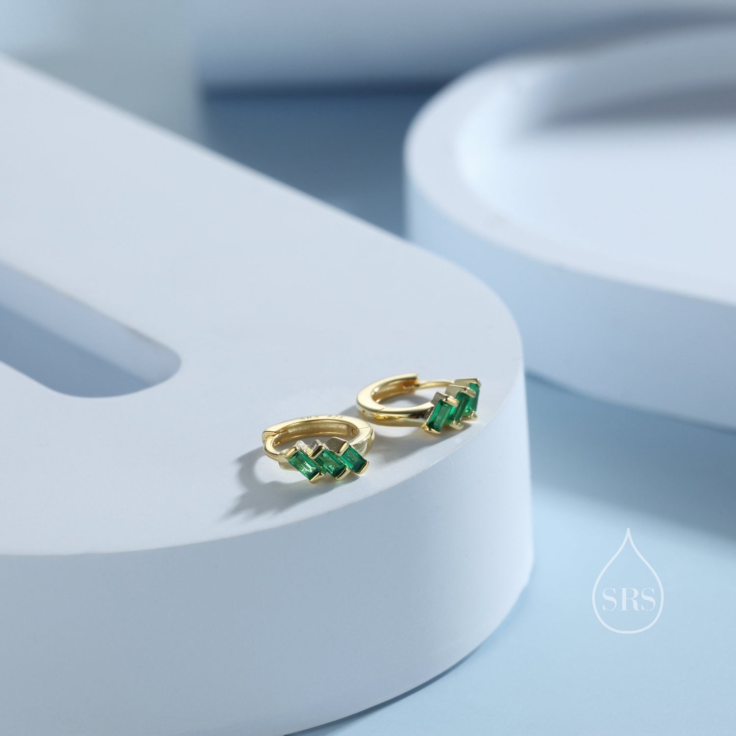 Baguette CZ Cluster Huggie Hoop in Sterling Silver, Silver or Gold, Geometric Hoop Earrings, Green, Blue, Purple or Clear CZ