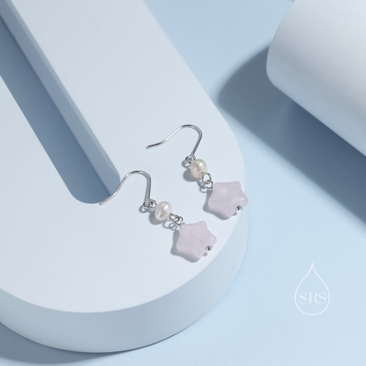 Genuine Rose Quartz Star and Pearl Drop Earrings in Sterling Silver, Natural Pink Quartz and Freshwater Pearl Drop Hook Earrings, Star