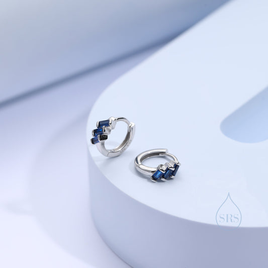 Sapphire Blue Baguette CZ Cluster Huggie Hoop in Sterling Silver, Silver or Gold, Geometric Hoop Earrings