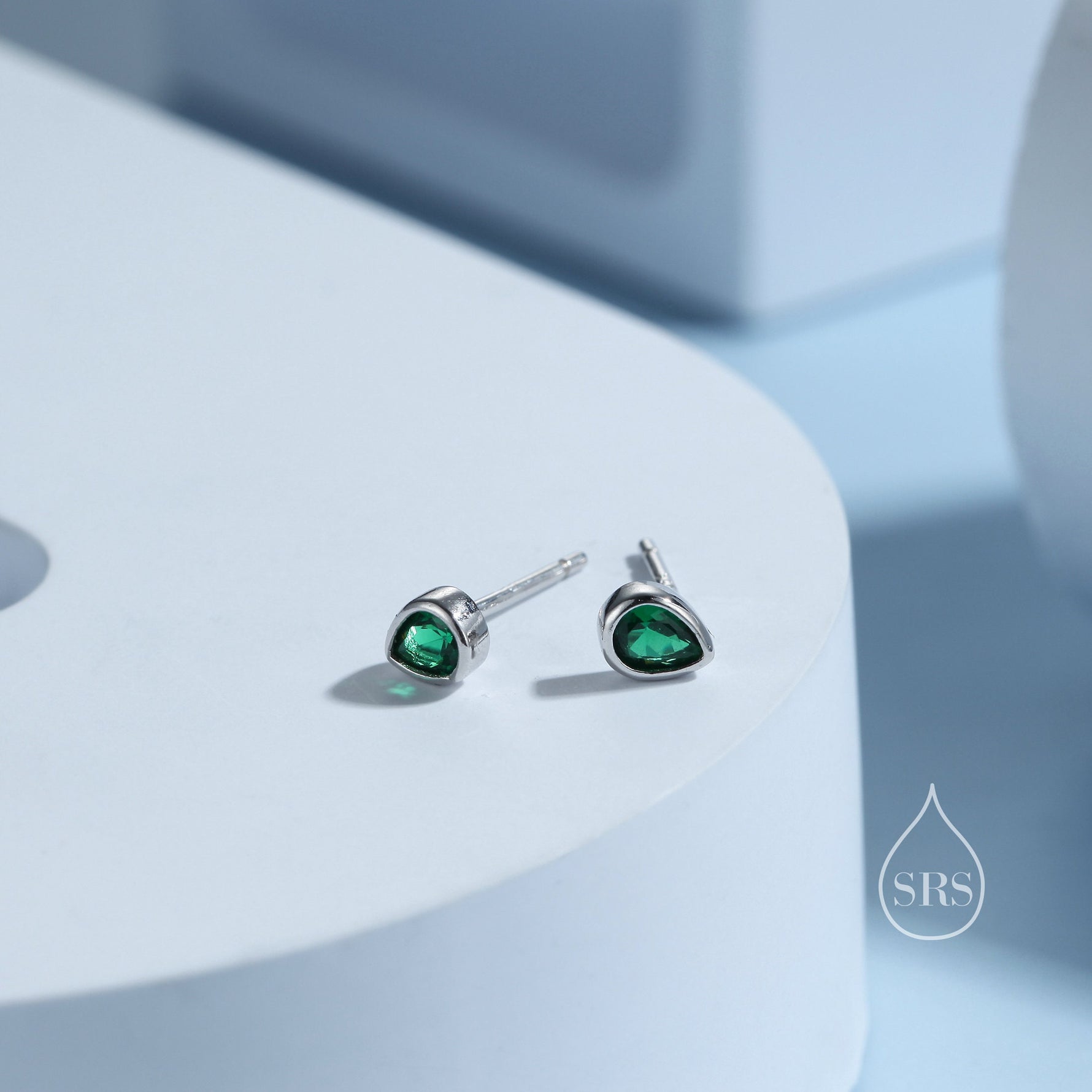 Extra Tiny Emerald Green Droplet CZ Stud Earrings in Sterling Silver, Silver or Gold, Tiny Pear Cut Bezel CZ Stud Earrings, May Birthstone