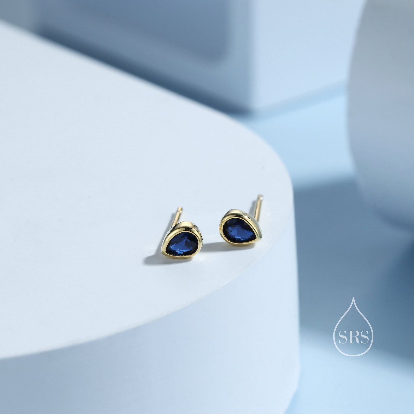 Extra Tiny Sapphire Blue Droplet CZ Stud Earrings in Sterling Silver, Tiny Pear Cut Bezel CZ Stud Earrings, September Birthstone