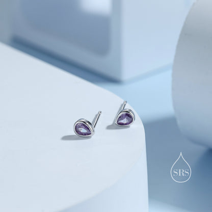 Extra Tiny Amethyst Purple Droplet CZ Stud Earrings in Sterling Silver, Tiny Pear Cut Bezel CZ Stud Earrings, February Birthstone