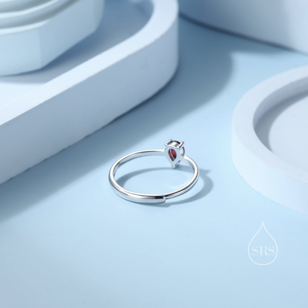 Natural Red Garnet Droplet Ring in Sterling Silver, 4x6mm, Prong Set Pear Cut, Adjustable Size, Genuine Garnet Ring, January Birthstone