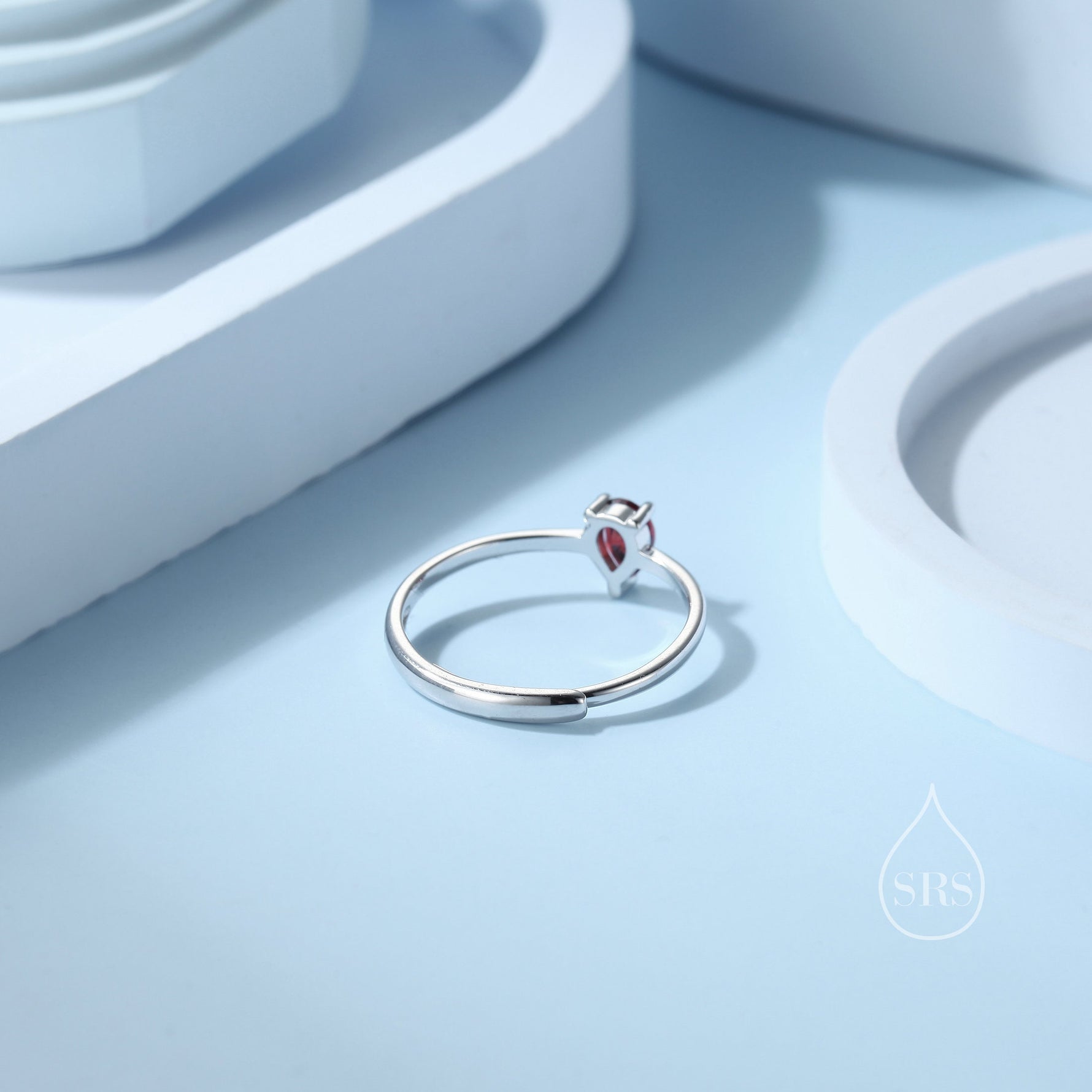 Natural Red Garnet Droplet Ring in Sterling Silver, 4x6mm, Prong Set Pear Cut, Adjustable Size, Genuine Garnet Ring, January Birthstone