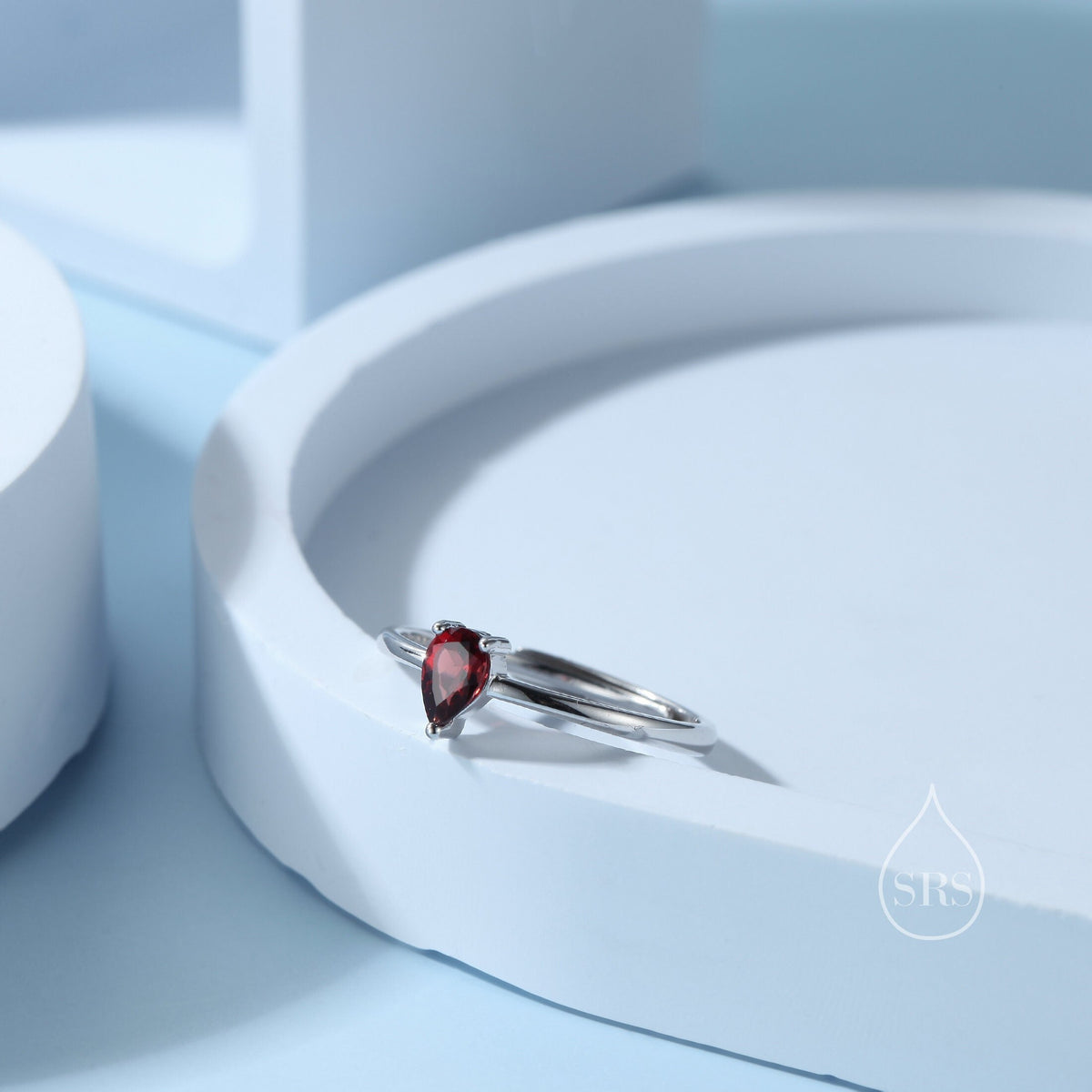 Natural Red Garnet Droplet Ring in Sterling Silver, 4x6mm, Prong Set Pear Cut, Adjustable Size, Genuine Garnet Ring, January Birthstone