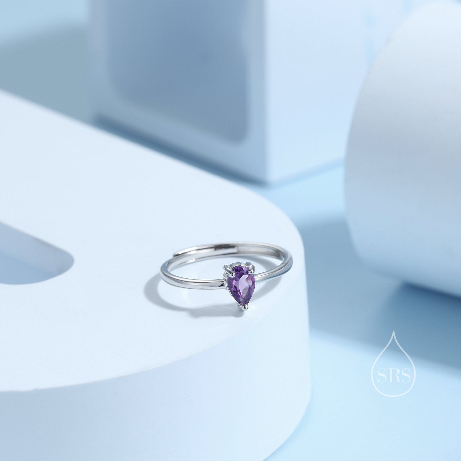 Amethyst Prong Set Pear Cut Droplet Gemstone Ring