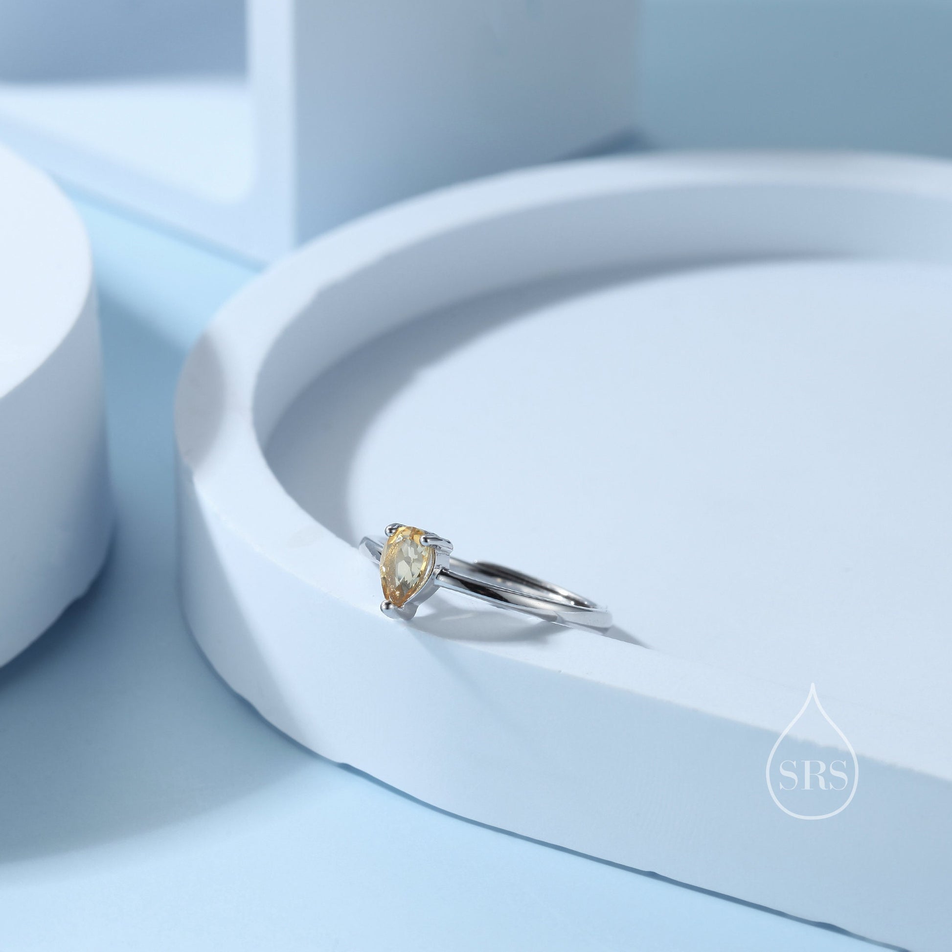 Natural Citrine Droplet Ring in Sterling Silver, 4x6mm, Prong Set Pear Cut, Adjustable Size, Genuine Citrine Ring, November Birthstone