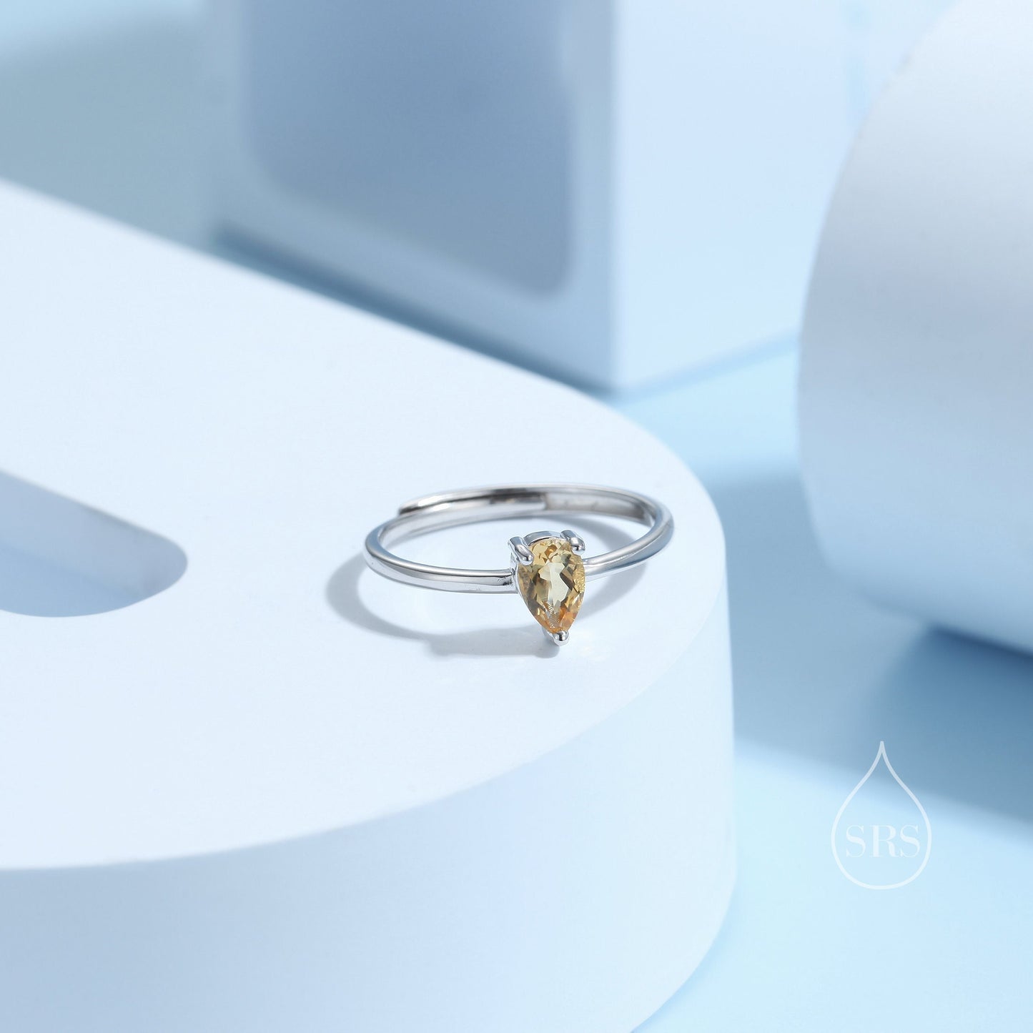 Natural Citrine Droplet Ring in Sterling Silver, 4x6mm, Prong Set Pear Cut, Adjustable Size, Genuine Citrine Ring, November Birthstone