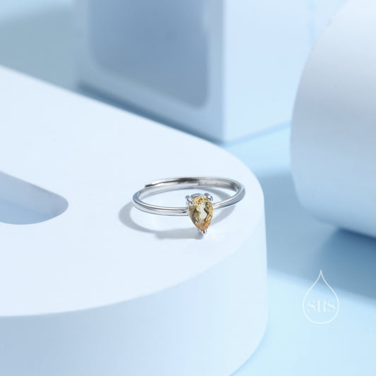Natural Citrine Droplet Ring in Sterling Silver, 4x6mm, Prong Set Pear Cut, Adjustable Size, Genuine Citrine Ring, November Birthstone