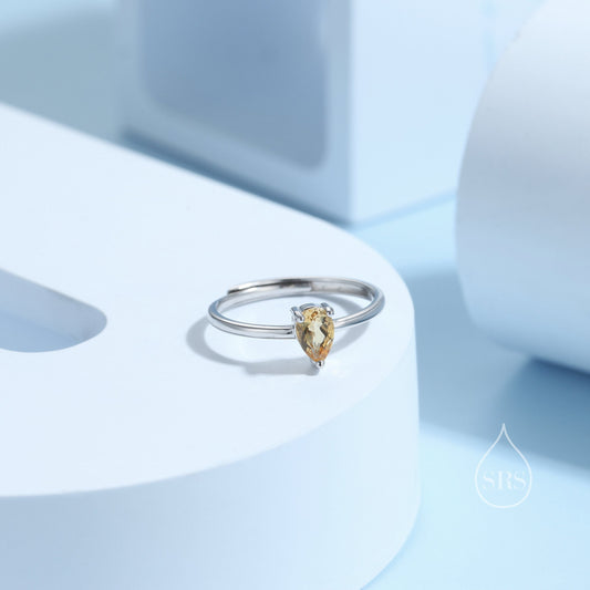 Natural Citrine Droplet Ring in Sterling Silver,  4x6mm, Prong Set Pear Cut, Adjustable Size, Genuine Citrine Ring, November Birthstone