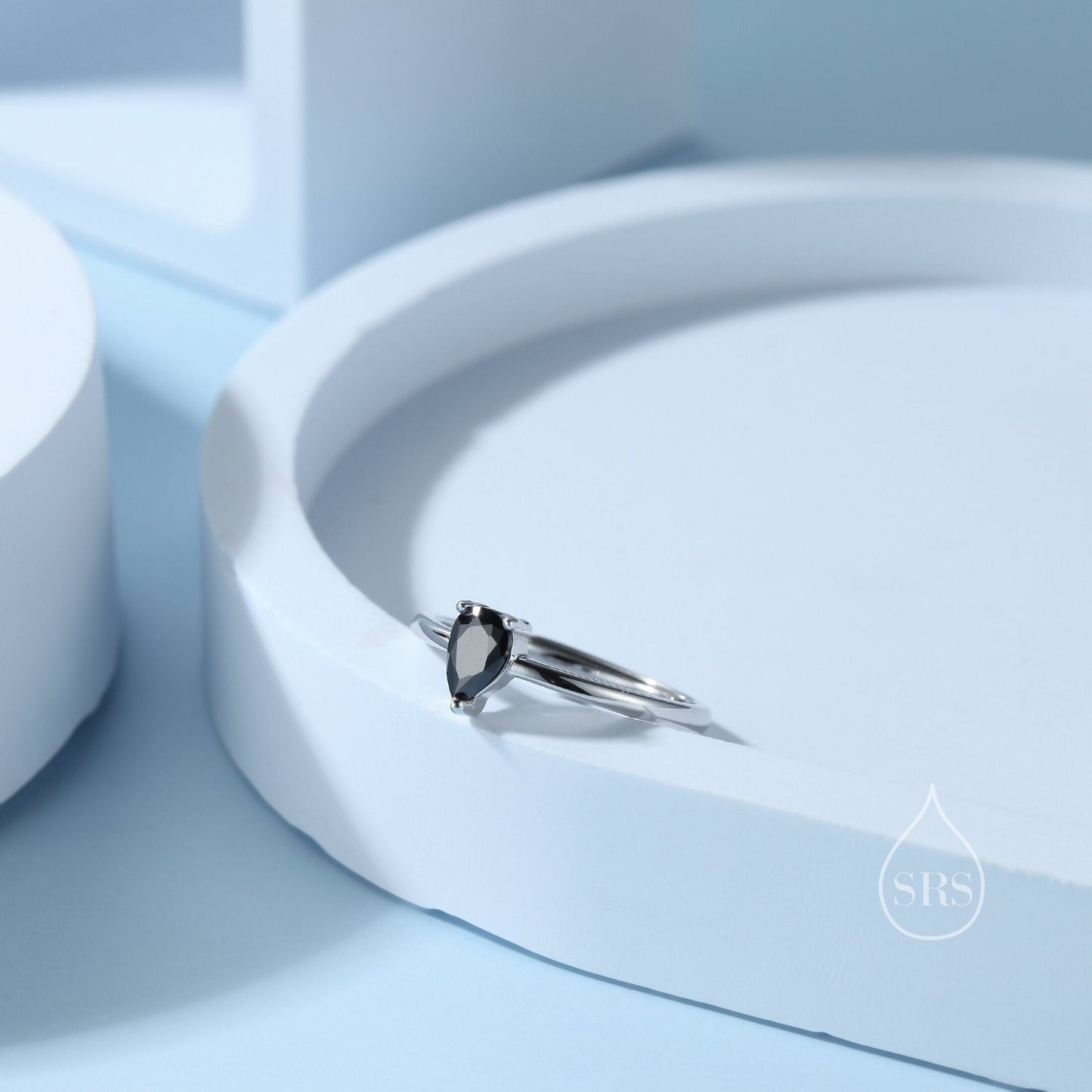 Natural Black Onyx Droplet Ring in Sterling Silver, 4x6mm, Prong Set Pear Cut, Adjustable Size, Genuine Black Onyx Ring