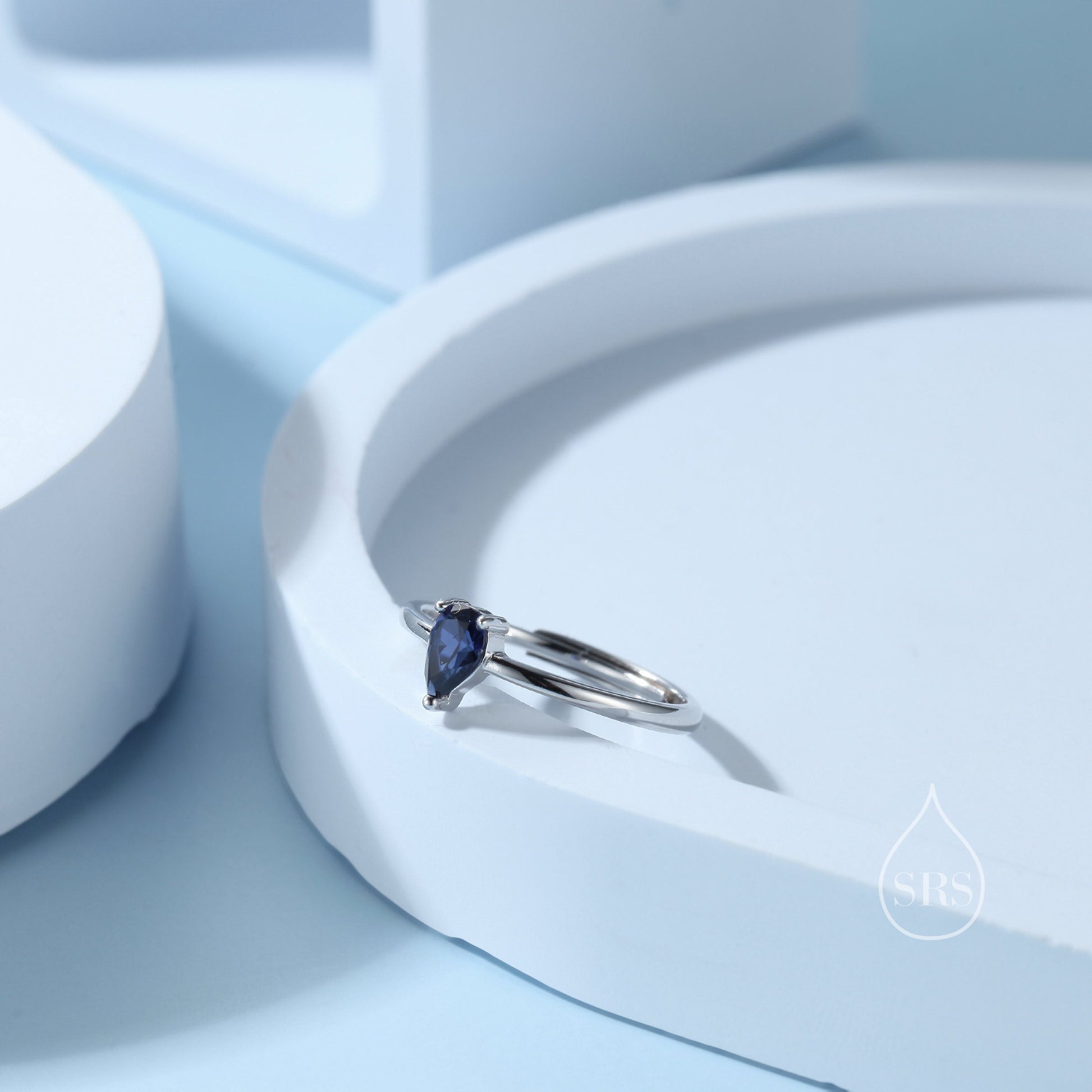Created Blue Sapphire Droplet Ring in Sterling Silver, 4x6mm, Prong Set Pear Cut, Adjustable Size, Blue Corundum Ring, September Birthstone