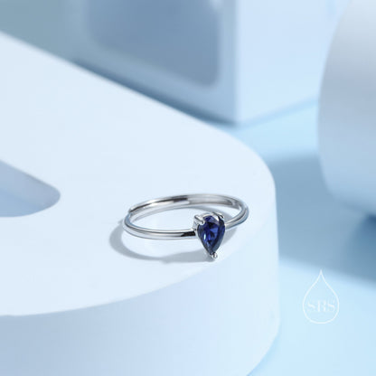 Created Blue Sapphire Droplet Ring in Sterling Silver, 4x6mm, Prong Set Pear Cut, Adjustable Size, Blue Corundum Ring, September Birthstone