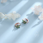 CZ Leaf Huggie Hoop Earrings in Sterling Silver, Silver or Gold or Rose Gold, Clear CZ or Green CZ Hoop Earrings