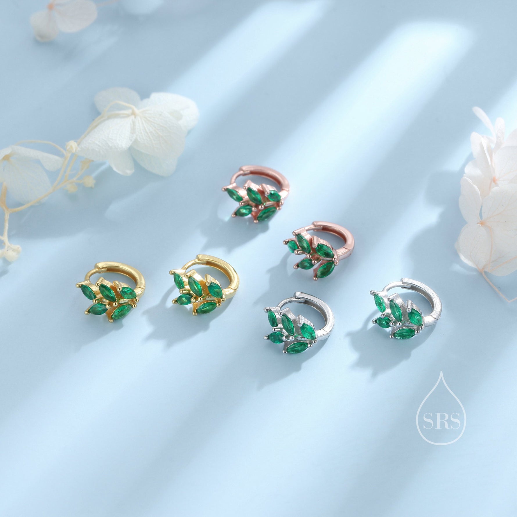 CZ Leaf Huggie Hoop Earrings in Sterling Silver, Silver or Gold or Rose Gold, Clear CZ or Green CZ Hoop Earrings