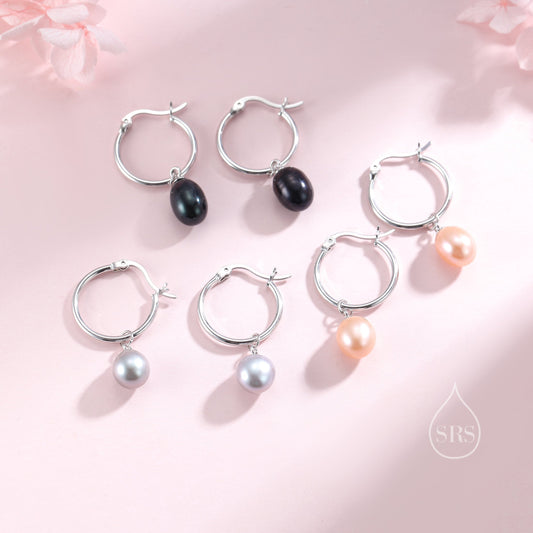 Natural Freshwater Pearl Huggie Hoop Earrings in Sterling Silver,  Available in Three Colours, Grey Pearl Earrings, Black Pearl Earrings