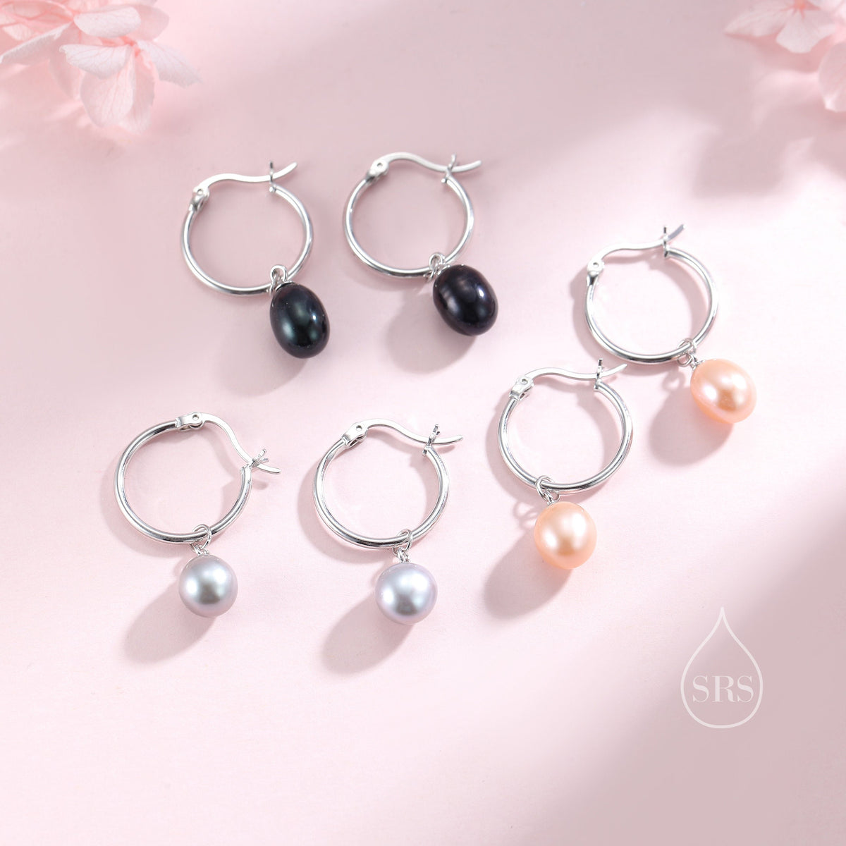 Natural Freshwater Pearl Huggie Hoop Earrings in Sterling Silver, Available in Three Colours, Grey Pearl Earrings, Black Pearl Earrings