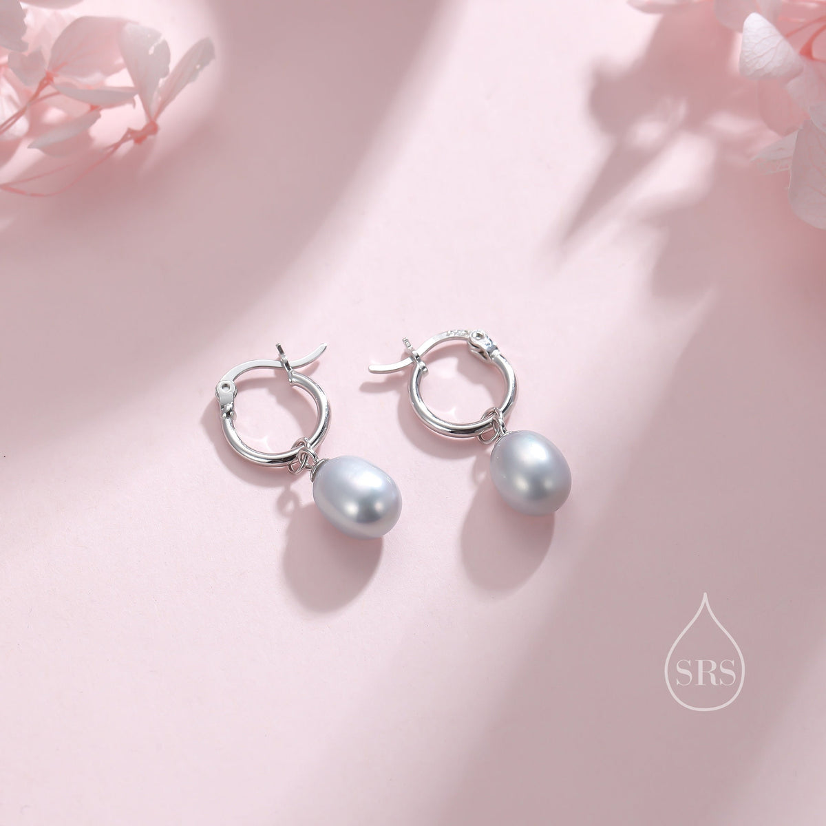 Natural Grey Freshwater Pearl Huggie Hoop Earrings in Sterling Silver