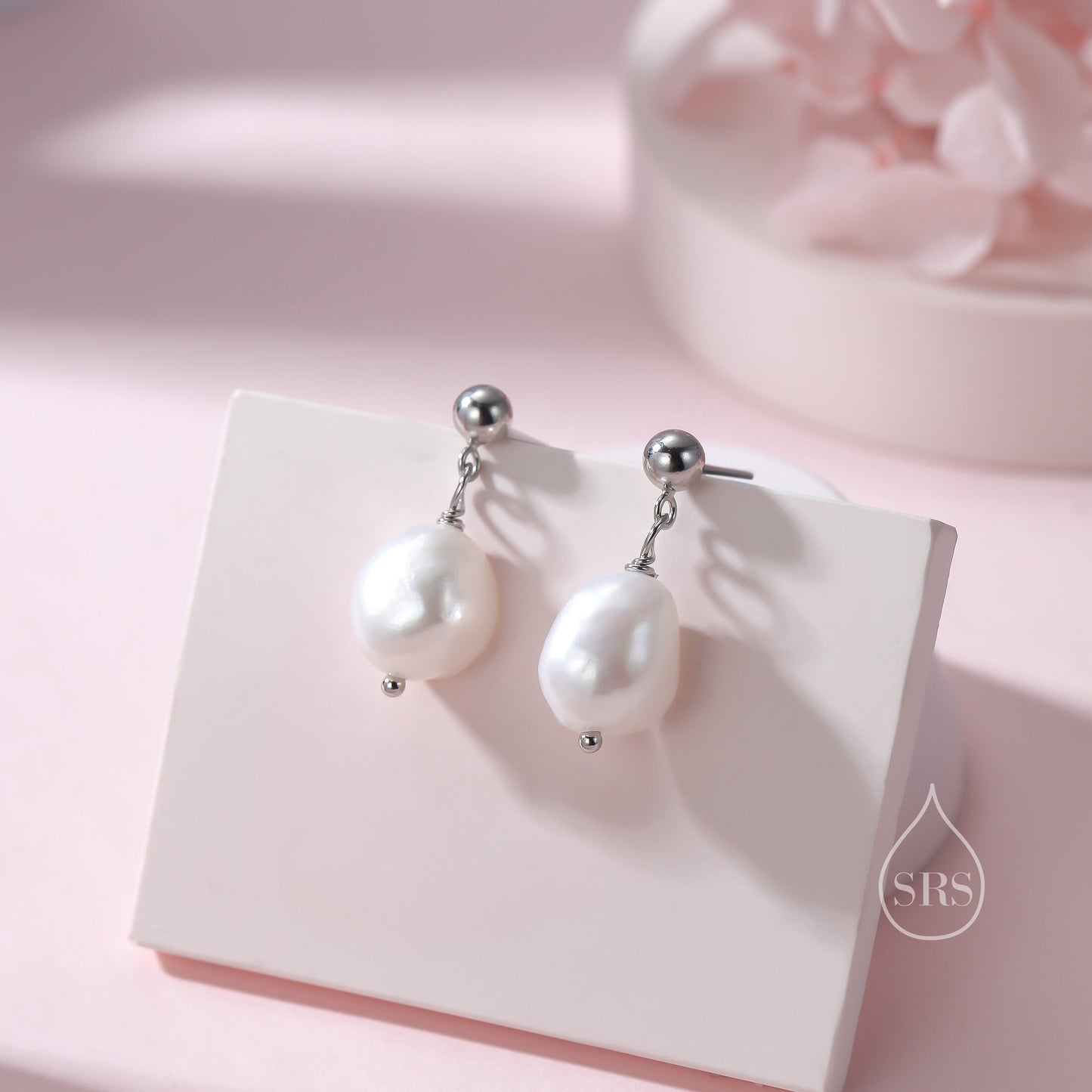 Genuine Fresh Water Pearls Drop Stud Earrings, Baroque Pearl, Sterling silver with 18ct Gold Plating, Simple and Minimalist