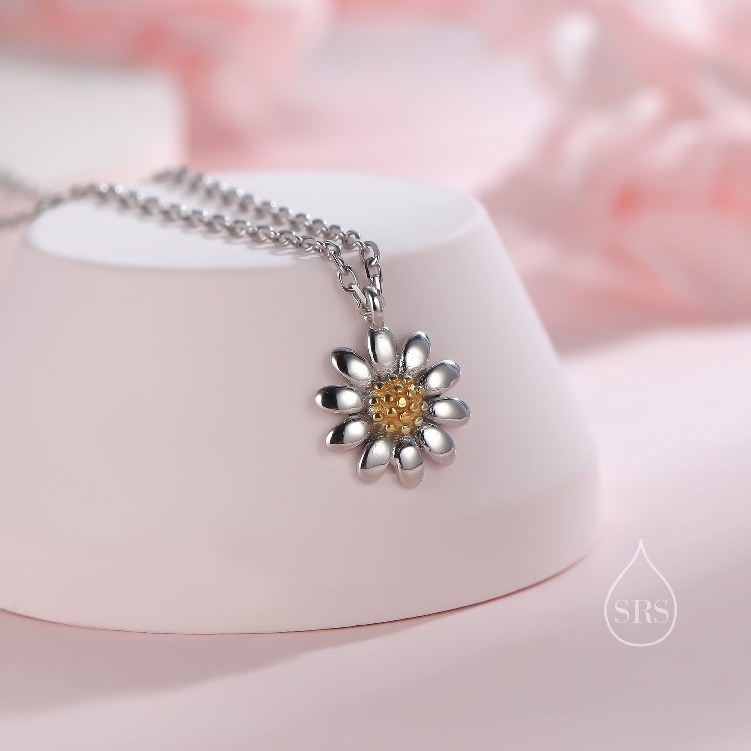 Sterling Silver Tiny Little Daisy Flower Pendant Necklace, Flower Necklace, Daisy Necklace, Two Tone Flower Pendant Necklace