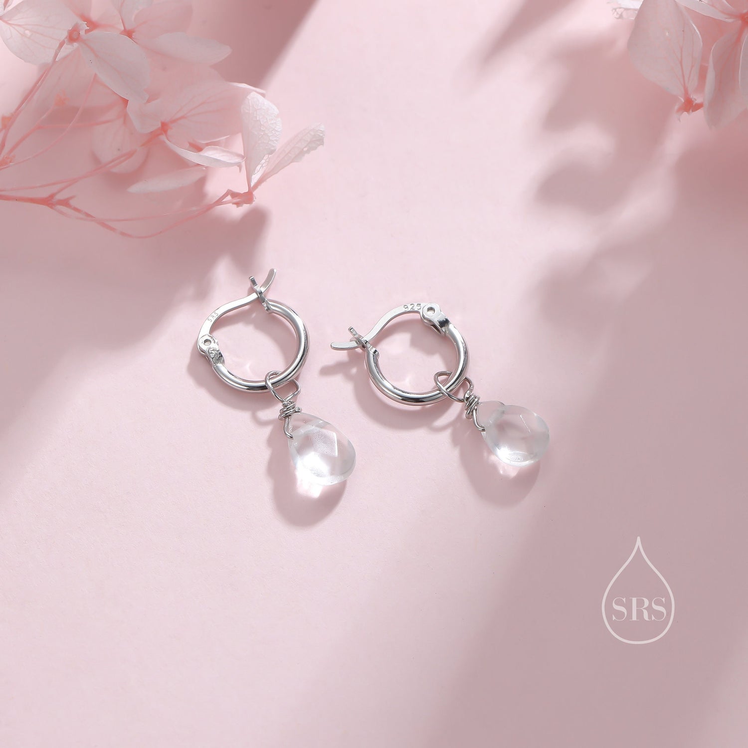 Natural Faceted Crystal Huggie Hoop Earrings in Sterling Silver,  Available in Three Stones, Aventurine Jade, Black Onyx and Clear Quartz