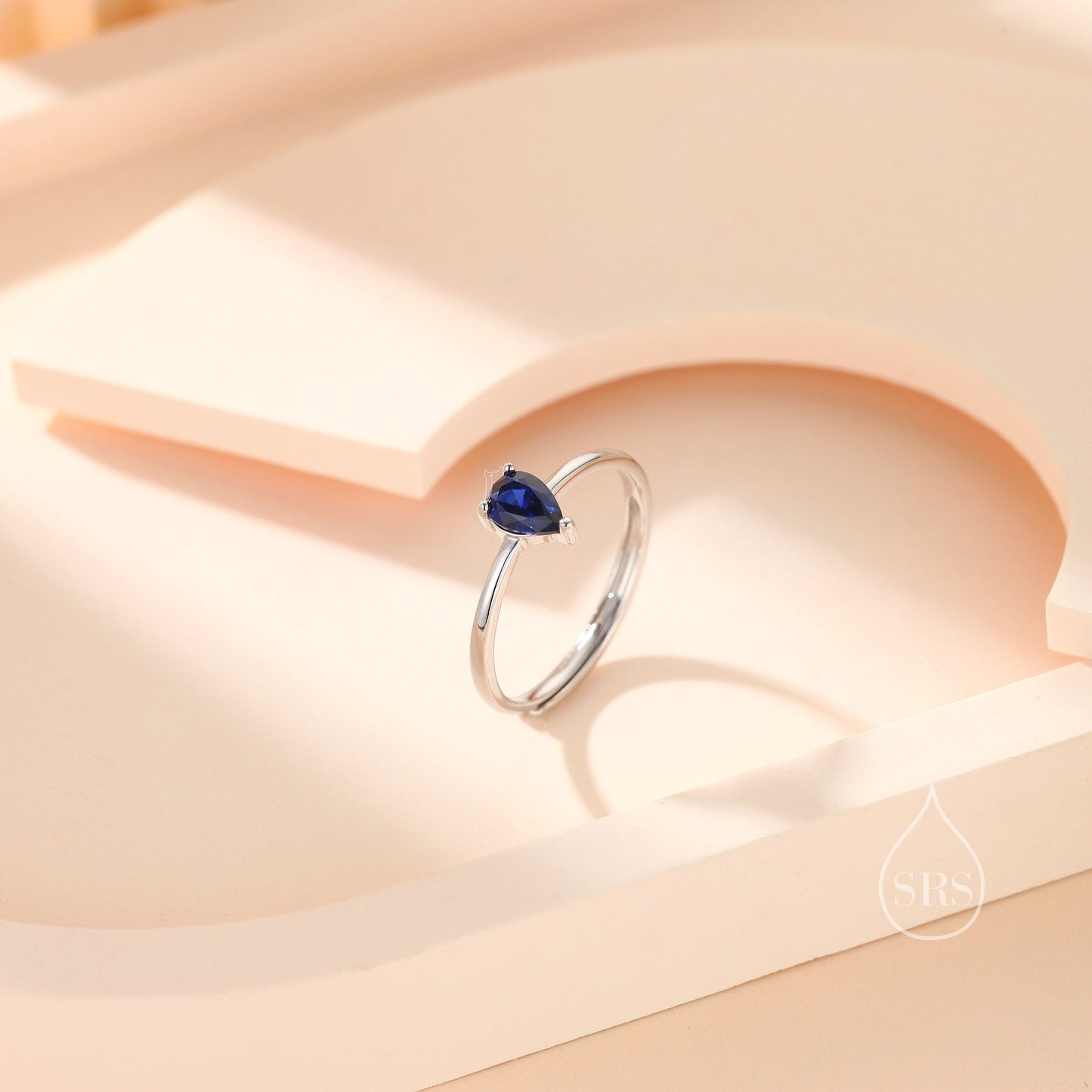 Created Blue Sapphire Droplet Ring in Sterling Silver, 4x6mm, Prong Set Pear Cut, Adjustable Size, Blue Corundum Ring, September Birthstone