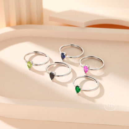 Natural Black Onyx Droplet Ring in Sterling Silver, 4x6mm, Prong Set Pear Cut, Adjustable Size, Genuine Black Onyx Ring