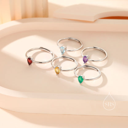 Natural Citrine Droplet Ring in Sterling Silver, 4x6mm, Prong Set Pear Cut, Adjustable Size, Genuine Citrine Ring, November Birthstone