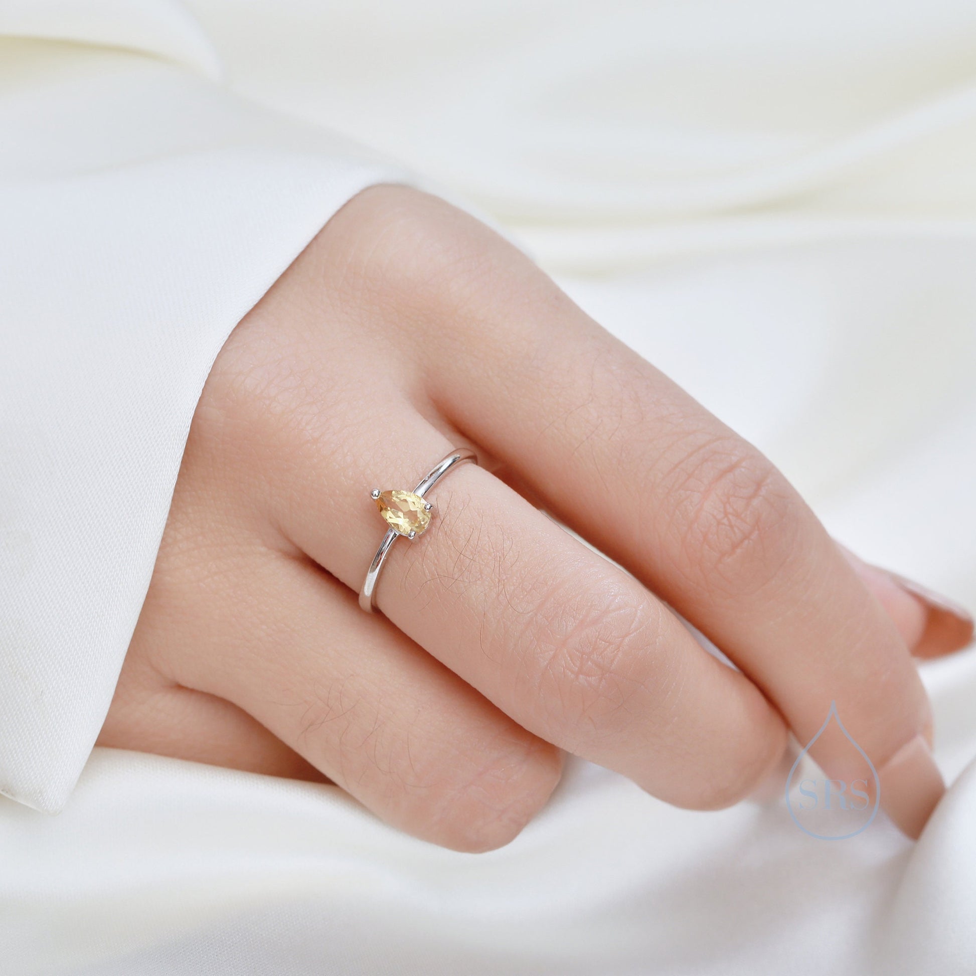 Natural Citrine Droplet Ring in Sterling Silver, 4x6mm, Prong Set Pear Cut, Adjustable Size, Genuine Citrine Ring, November Birthstone