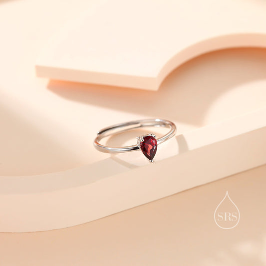 Natural Red Garnet Droplet Ring in Sterling Silver, 4x6mm, Prong Set Pear Cut, Adjustable Size, Genuine Garnet Ring, January Birthstone