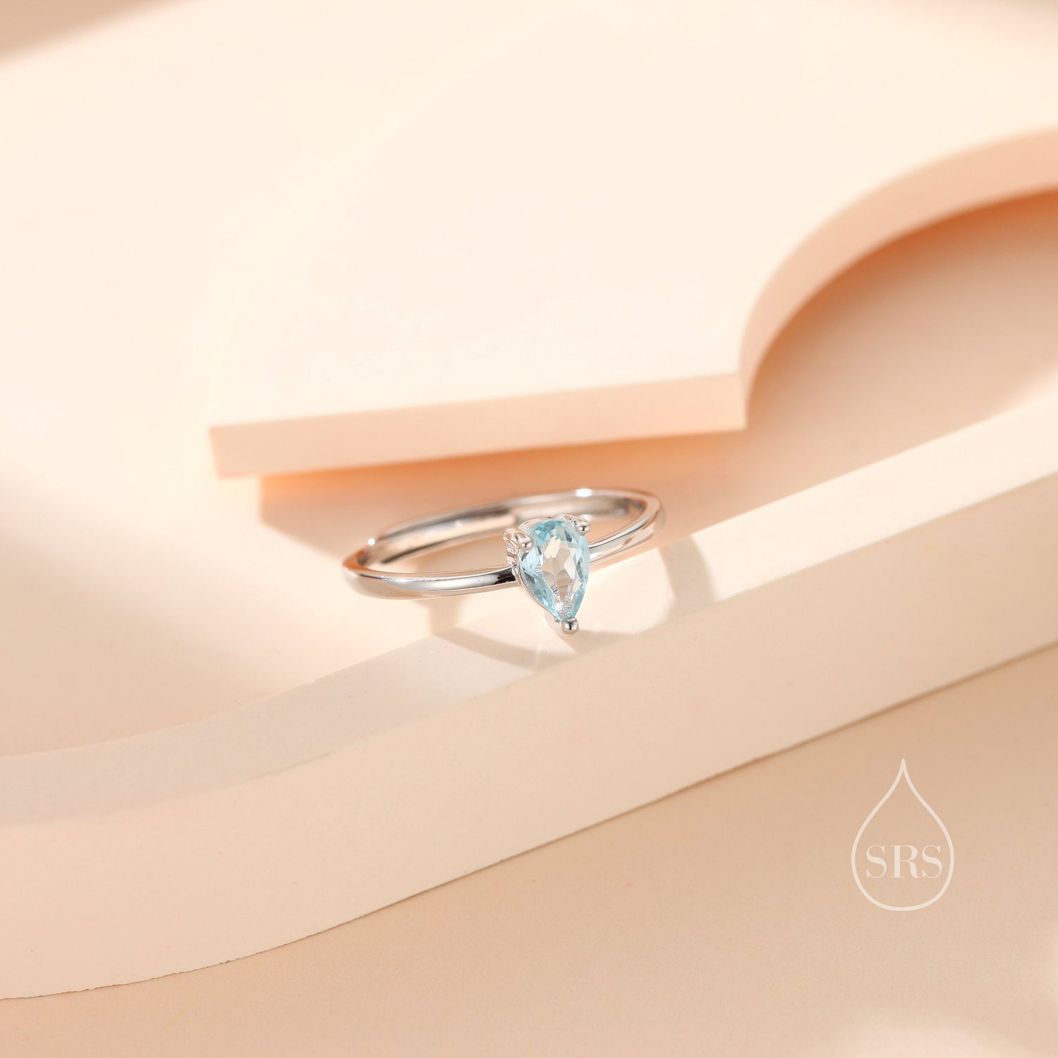 Blue Topaz Prong Set Pear Cut Droplet Gemstone Ring