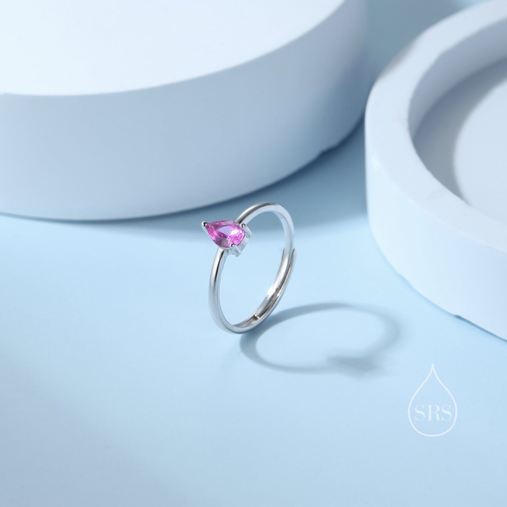 Created Ruby Pink Droplet Ring in Sterling Silver, 4x6mm, Prong Set Pear Cut, Adjustable Size, Lab Created Ruby Red CZ Ring