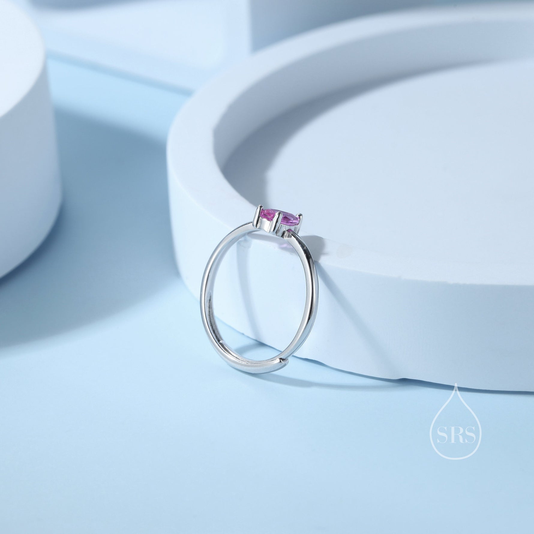 Created Ruby Pink Droplet Ring in Sterling Silver, 4x6mm, Prong Set Pear Cut, Adjustable Size, Lab Created Ruby Red CZ Ring