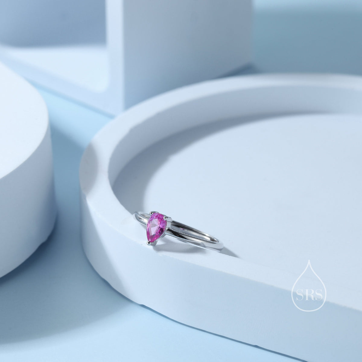 Created Ruby Pink Droplet Ring in Sterling Silver, 4x6mm, Prong Set Pear Cut, Adjustable Size, Lab Created Ruby Red CZ Ring