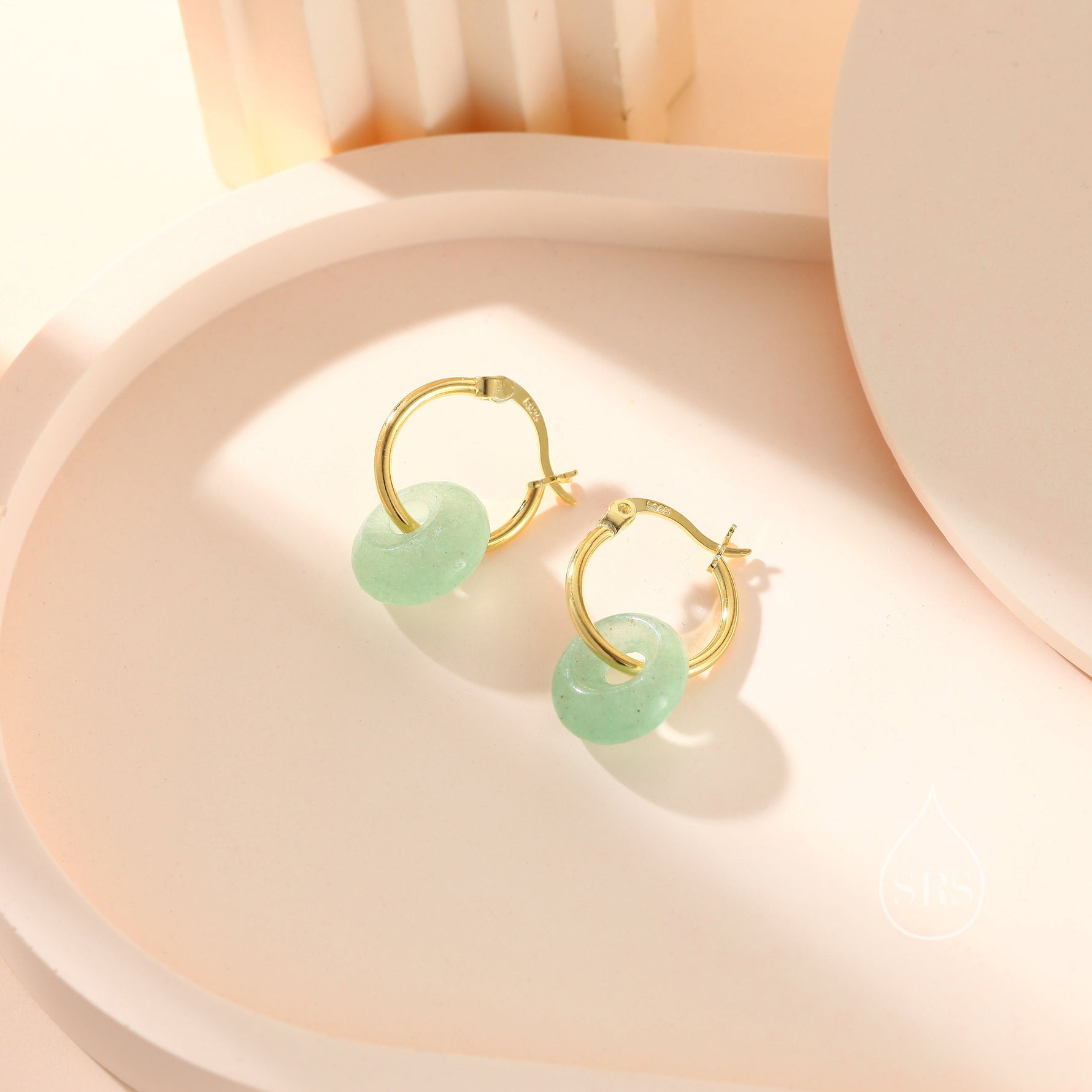 Sterling Silver Dangling Green Aventurine Jade Donut Hoop Earrings, Detachable Green Jade Coin Charm Dangle Hoop Earrings, Silver or Gold