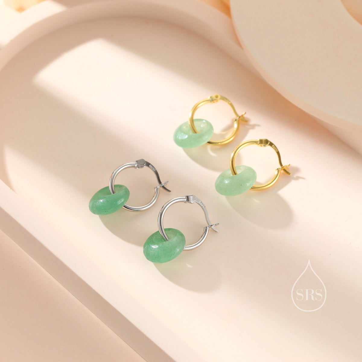 Sterling Silver Aventurine Jade Donut Huggie Hoop Earrings, Detachable Green Jade Coin Charm Dangle Hoop Earrings, Silver or Gold