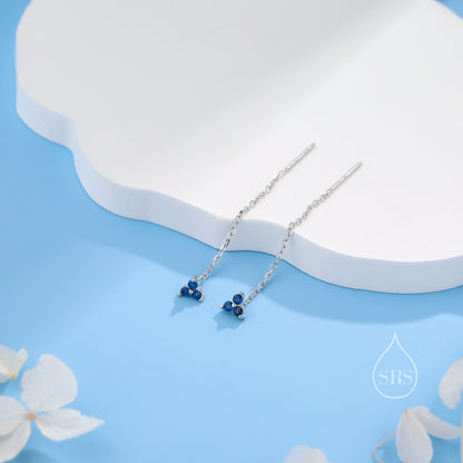 Sapphire Blue Trio Flower CZ Threader Earrings in Sterling Silver, Silver or Gold, Three Dot Crystal Ear Threaders, Flower CZ Earrings