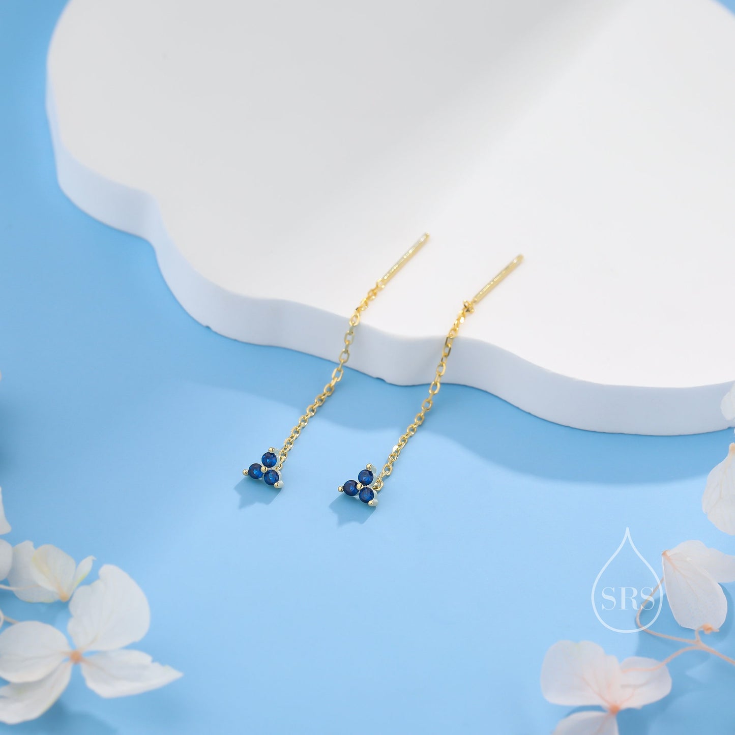 Sapphire Blue Trio Flower CZ Threader Earrings in Sterling Silver, Silver or Gold, Three Dot Crystal Ear Threaders, Flower CZ Earrings