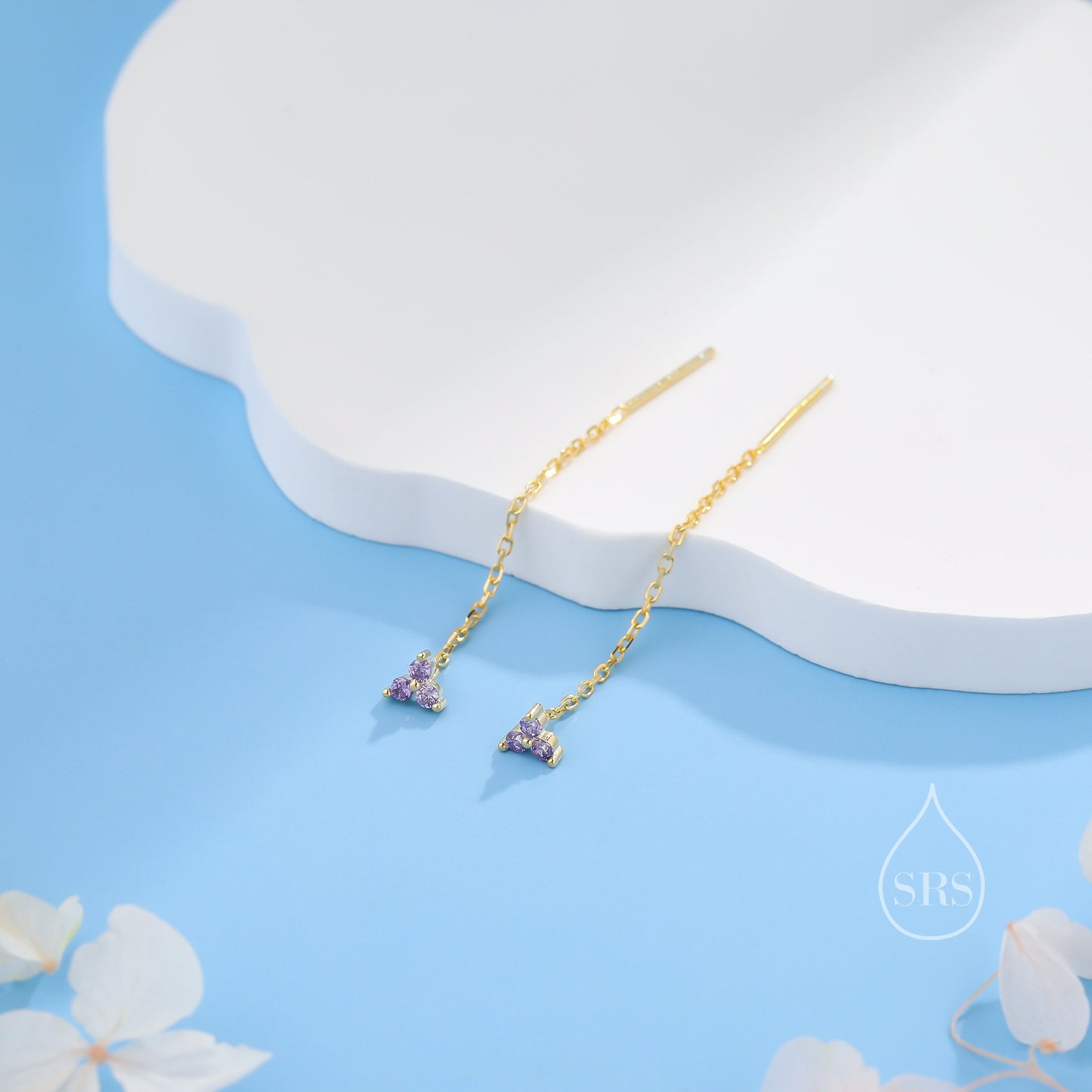 Purple CZ Trio Flower Threader Earrings in Sterling Silver, Silver or Gold, Three Dot Crystal Ear Threaders, Flower CZ Earrings