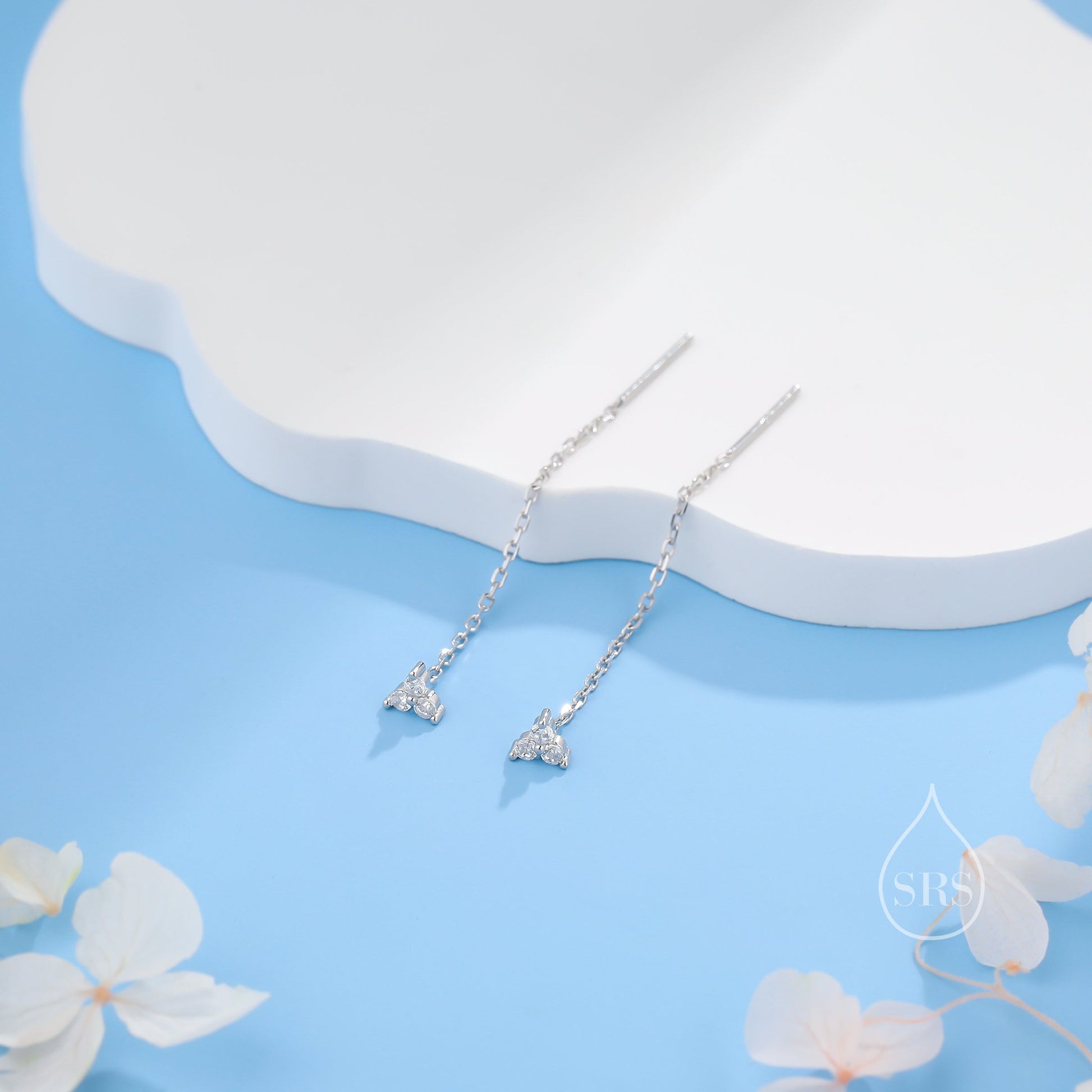 CZ Trio Flower Threader Earrings in Sterling Silver, Silver or Gold, Available in 6 Colours, Three Dot Crystal Ear Threaders