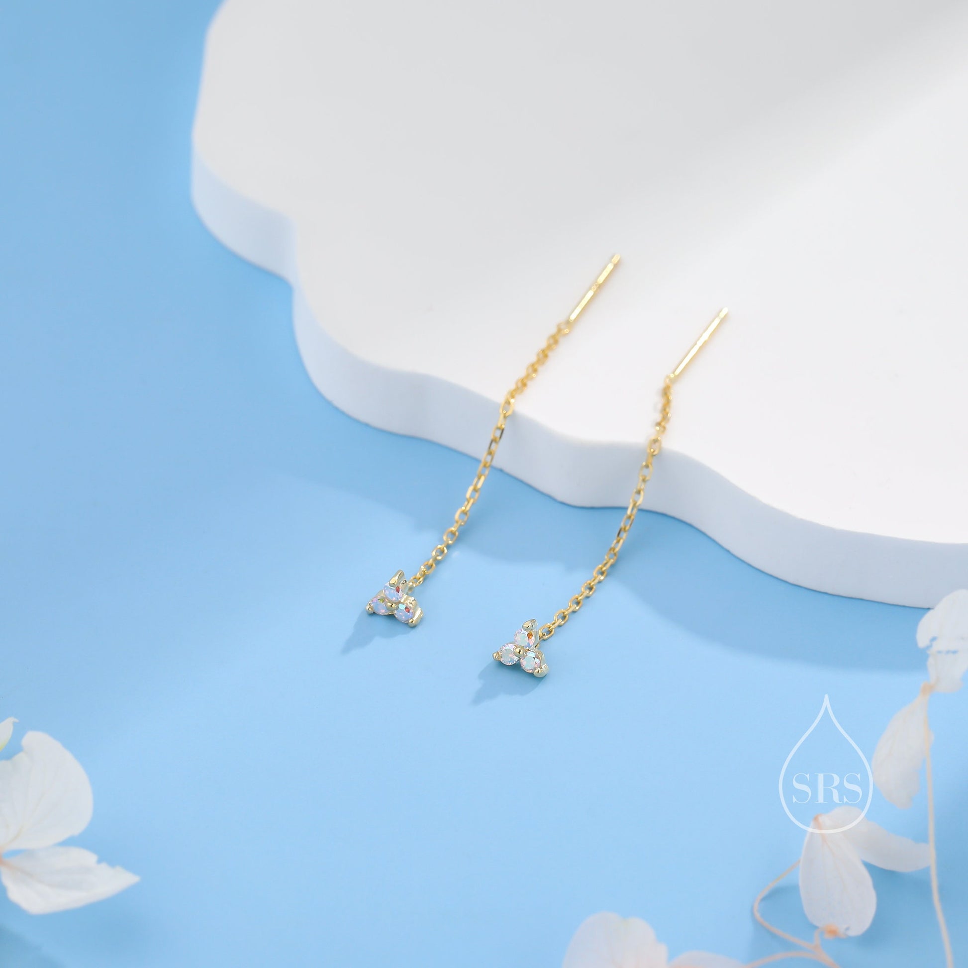 CZ Trio Flower Threader Earrings in Sterling Silver, Silver or Gold, Available in 6 Colours, Three Dot Crystal Ear Threaders