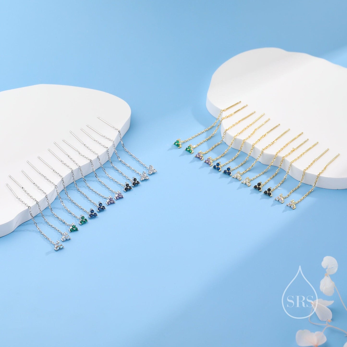 CZ Trio Flower Threader Earrings in Sterling Silver, Silver or Gold, Available in 6 Colours, Three Dot Crystal Ear Threaders