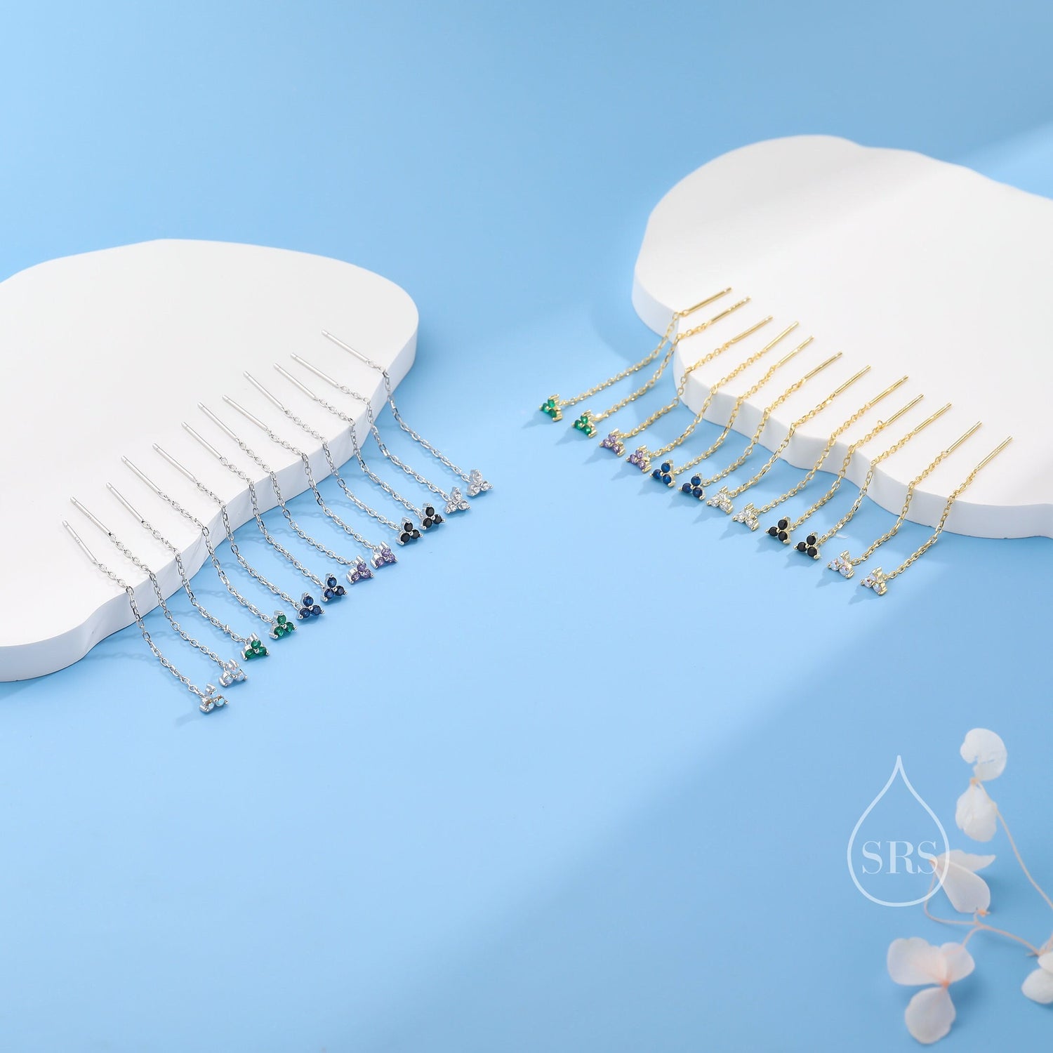 CZ Trio Flower Threader Earrings in Sterling Silver, Silver or Gold, Available in 6 Colours, Three Dot Crystal Ear Threaders