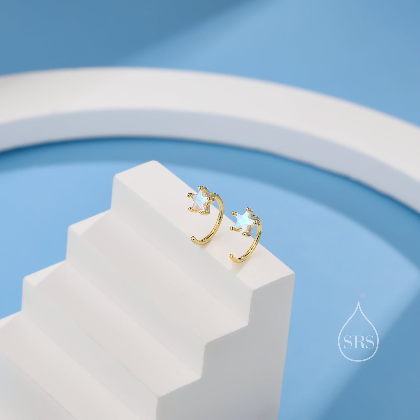 Aurora Borealis AB CZ Star Huggie Hoop Earrings in Sterling Silver, Tiny Moonstone Star CZ Open Hoops, Pull Through Threaders, Half Hoops