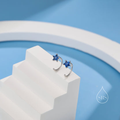 CZ Star Huggie Hoop Earrings in Sterling Silver, Available in 4 Colours, Tiny Star CZ Open Hoops, Pull Through Threaders