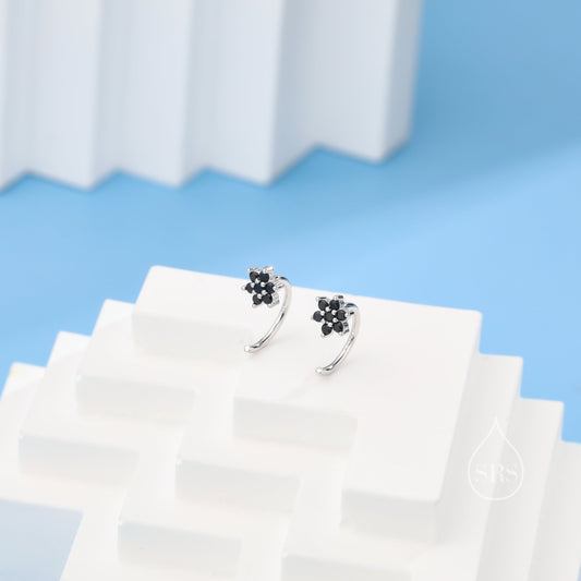 Black CZ Flower Huggie Hoop Earrings in Sterling Silver, Tiny CZ Cluster Open Hoops, Pull Through Threaders, Half Hoops