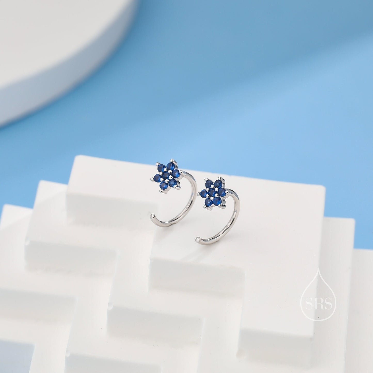 Sapphire Blue Flower Huggie Hoop Earrings in Sterling Silver, Tiny CZ Cluster Open Hoops, Pull Through Threaders, Half Hoops