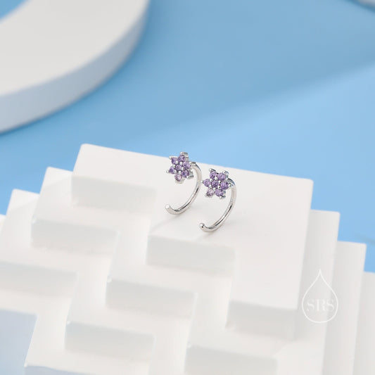 Amethyst Purple Flower Huggie Hoop Earrings in Sterling Silver, Tiny CZ Cluster Open Hoops, Pull Through Threaders, Half Hoops